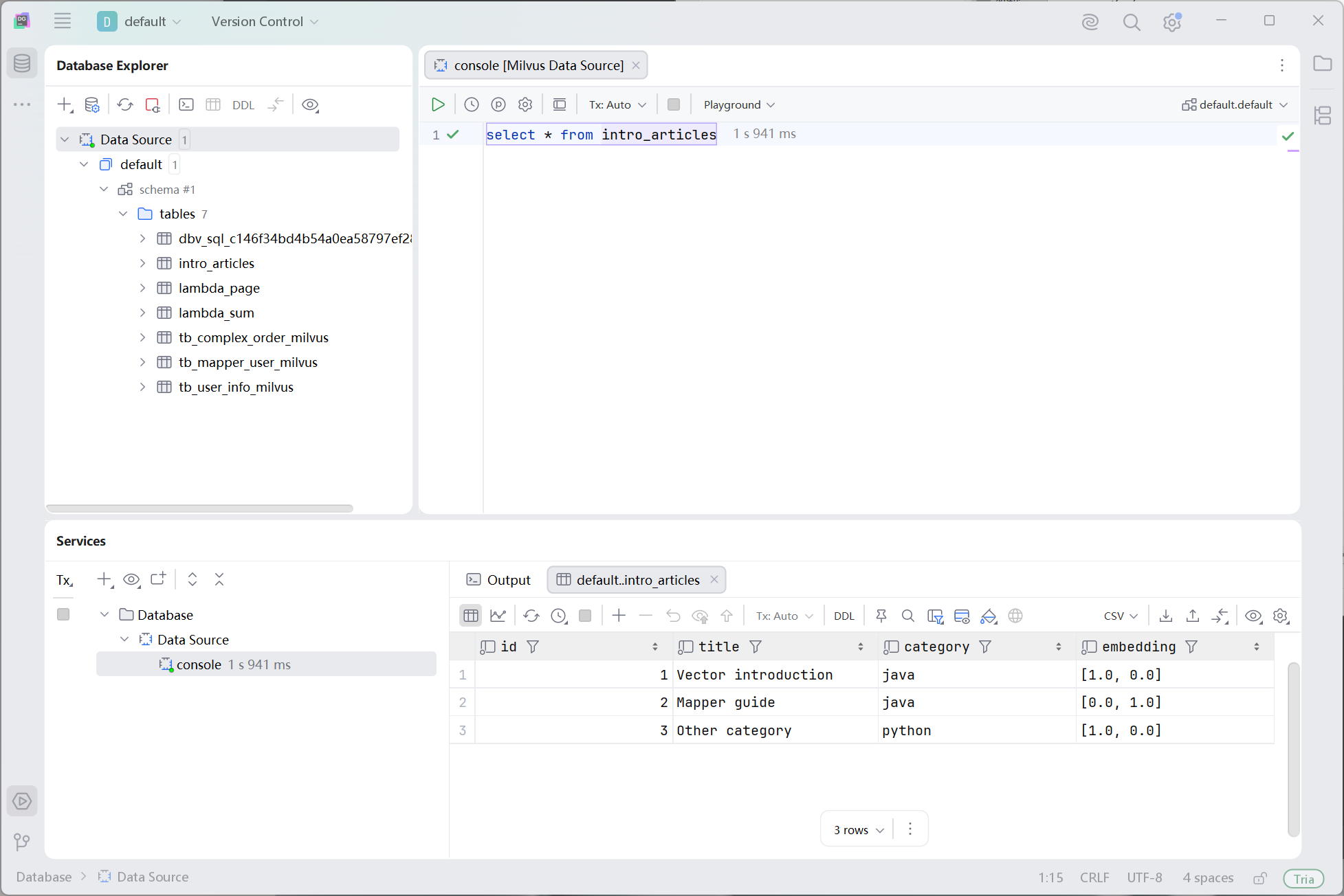 DataGrip 中查询 Milvus 集合并查看结果
